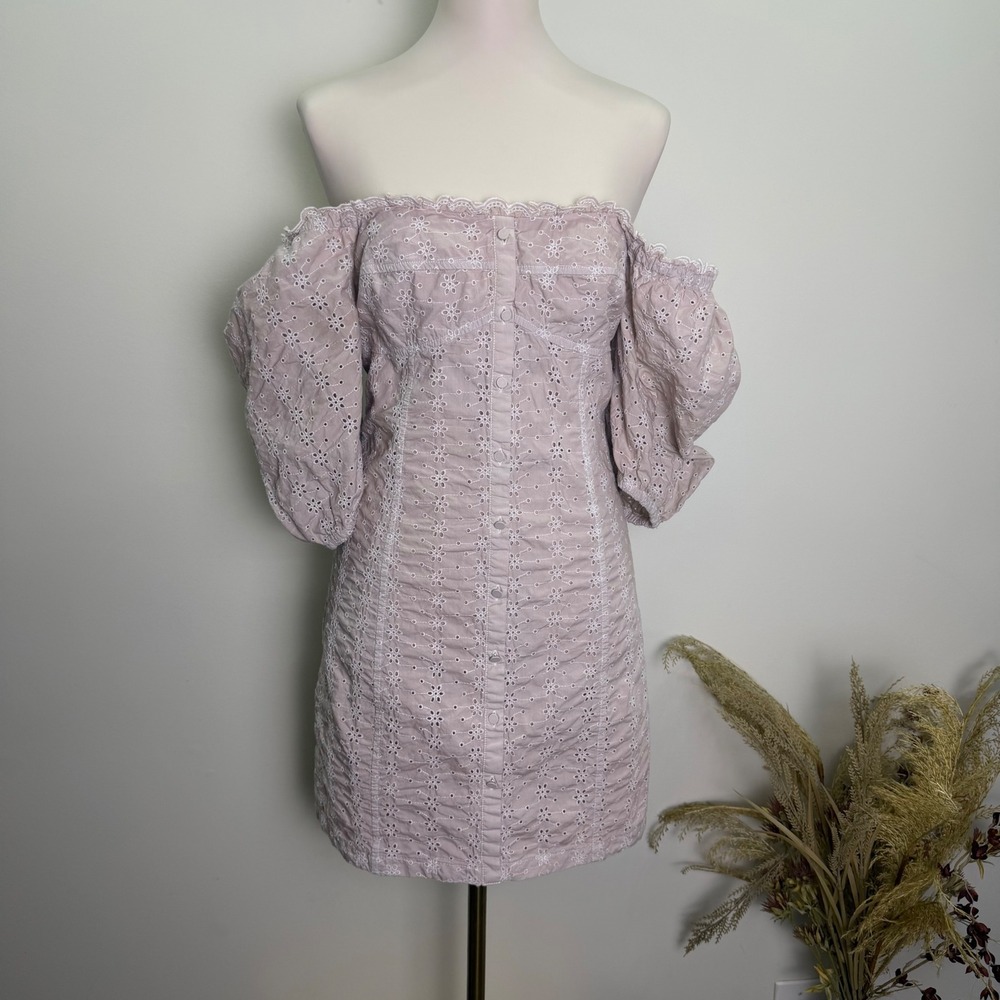 Gap Eyelet Mini Dress Size Large Petite Blush Puff Sleeve Square Neck Cotton